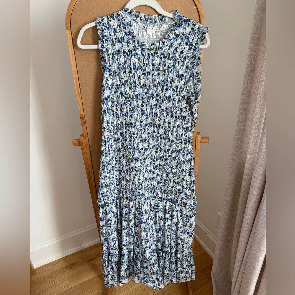 Veronica Beard Blue, White and Green Floral Smocked Maxi Dress
